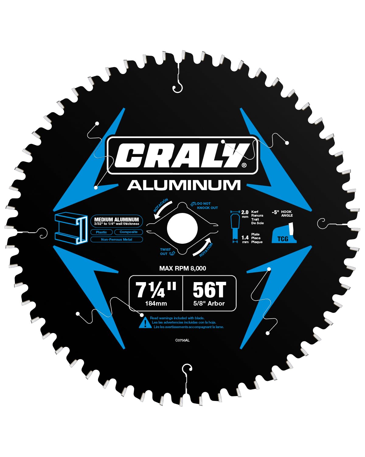 CRALY 7-1/4 Inch 56 Teeth Aluminum and Non-Ferrous Metal Cutting Circular Saw Blade, 5/8 Inch Arbor, Carbide Tipped, Thin Kerf, Black Ice™ Coating, for Medium Aluminum, Plastic, Composite(C0756AL)